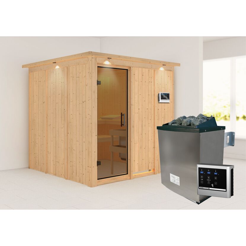 Sauna aus hellem Holz mit Saunaofen