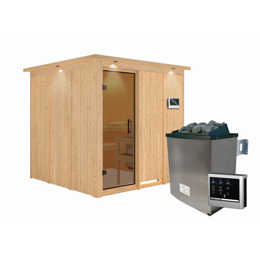 Sauna aus Holz mit Saunaofen