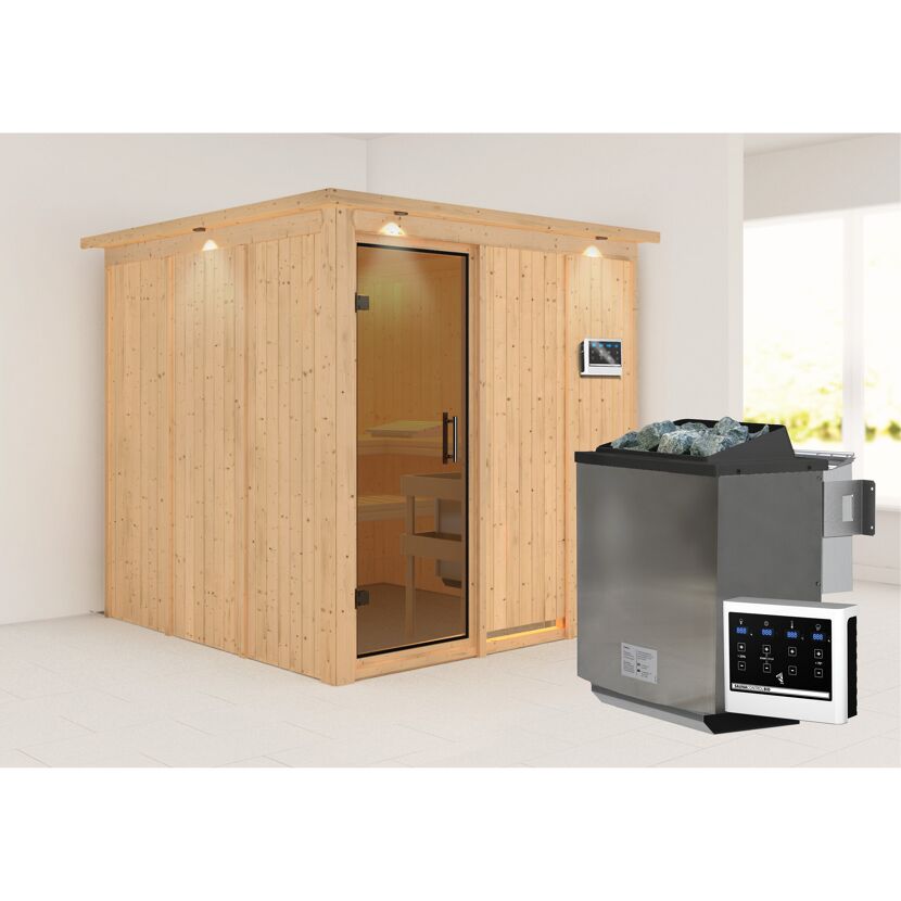 Elementsauna 'Alesia' naturbelassen mit Kranz und graphitfarbener Tür 9 kW Bio-Ofen externe Steuerung Easy 210 x 210 x 202 cm