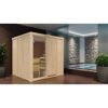 Sauna aus hellem Holz mit Glastür