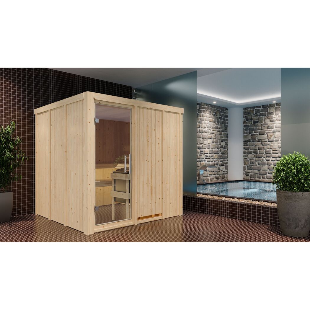 Sauna aus hellem Holz mit Glastür