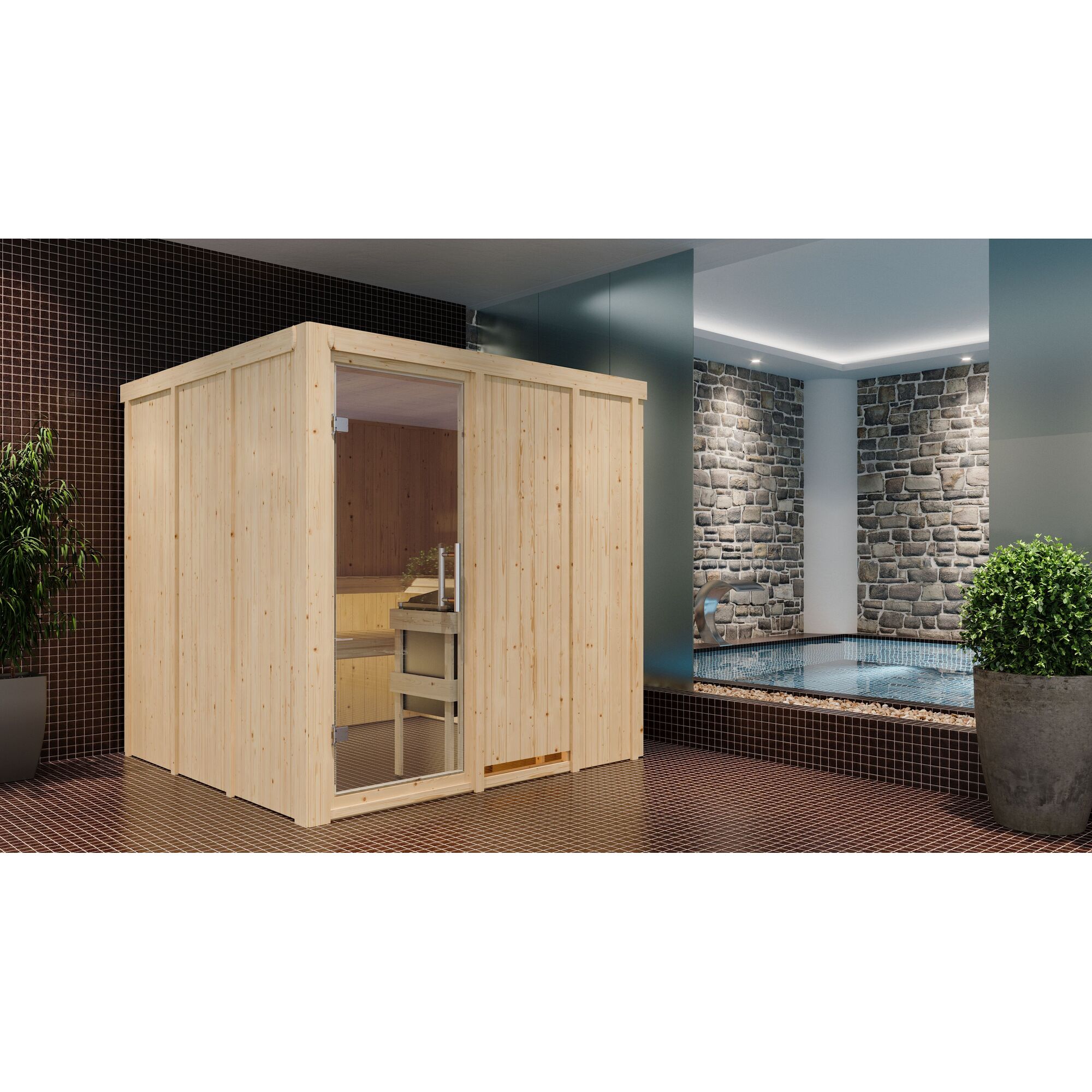 Sauna aus hellem Holz mit Glastür