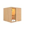 Sauna aus hellem Holz mit geöffneter Tür.