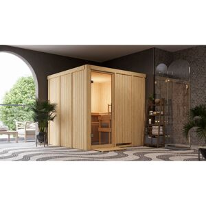 Elementsauna 'Alesia' naturbelassen mit Klarglastür 9 kW Ofen integrierte Steuerung 196 x 196 x 198 cm