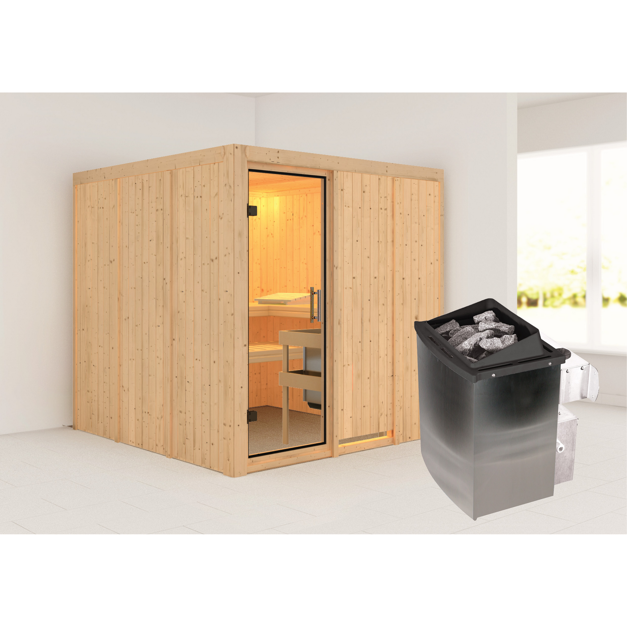 Elementsauna 'Alesia' naturbelassen mit Klarglastür 9 kW Ofen integrierte Steuerung 196 x 196 x 198 cm