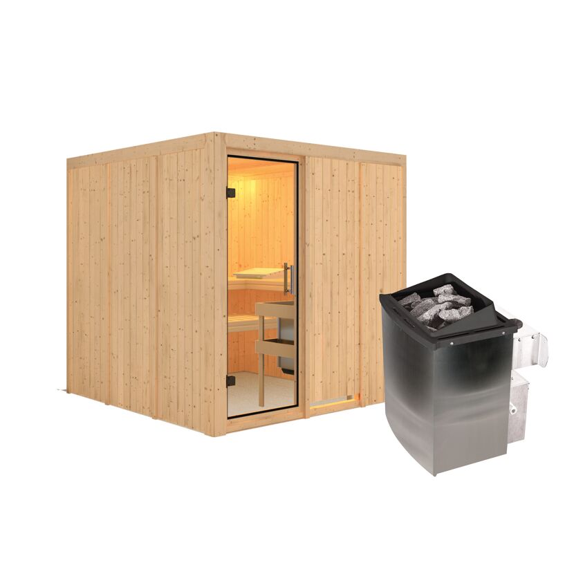 Elementsauna 'Alesia' naturbelassen mit Klarglastür 9 kW Ofen integrierte Steuerung 196 x 196 x 198 cm