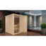 Sauna aus hellem Holz in einem Badezimmer mit Pool.
