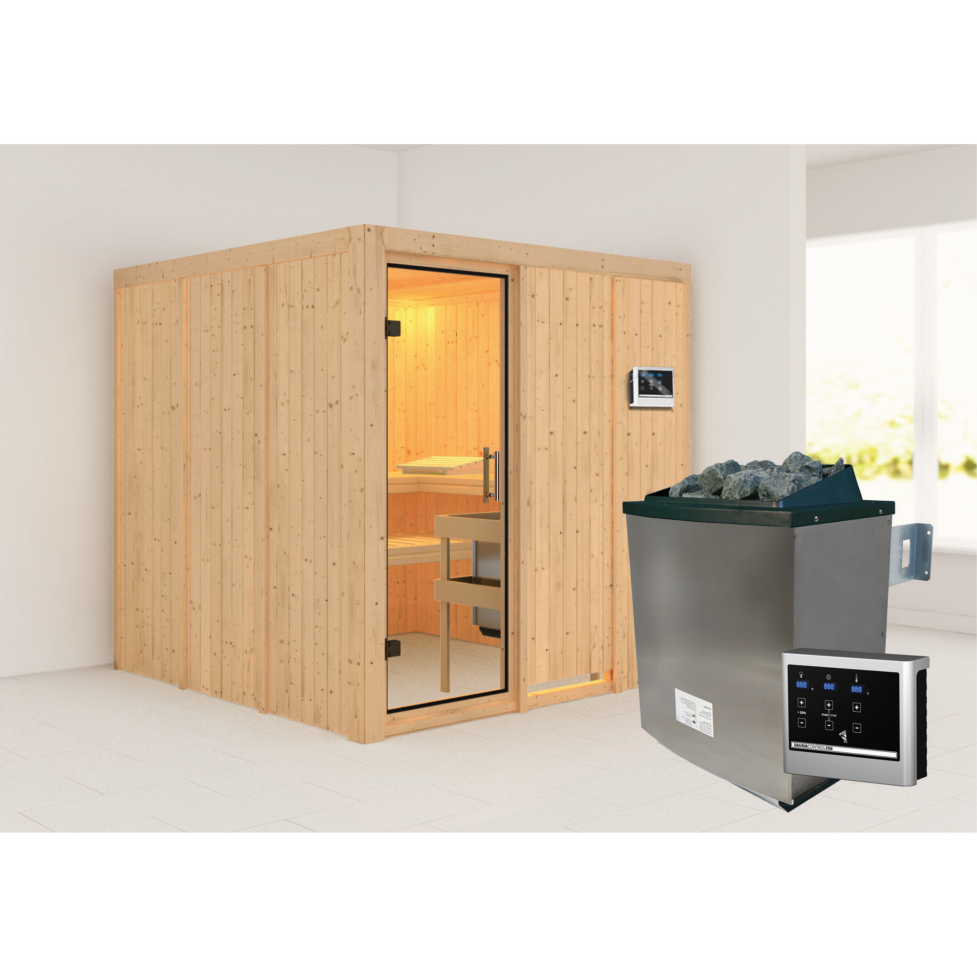 Sauna aus hellem Holz mit Saunaofen
