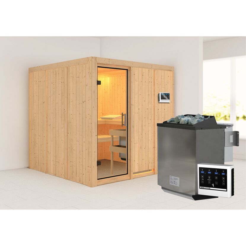 Elementsauna 'Alesia' naturbelassen mit Klarglastür 9 kW Bio-Ofen externe Steuerung easy 196 x 196 x 198 cm