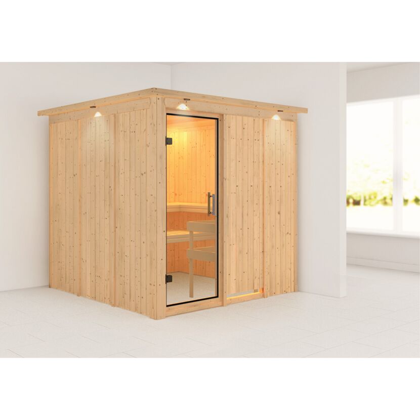 Elementsauna 'Alesia' naturbelassen mit Kranz und Klarglastür 210 x 210 x 202 cm