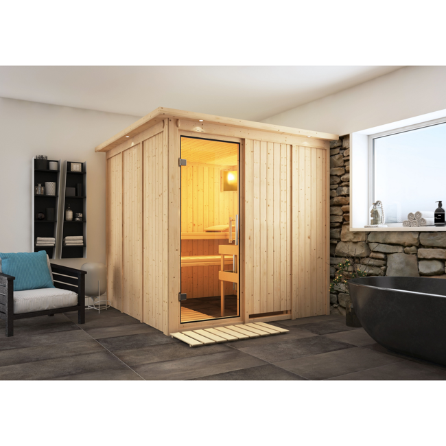 Bild von Elementsauna 'Alesia' naturbelassen mit Kranz und Klarglastür 9 kW Ofen integrierte Steuerung 210 x 210 x 202 cm
