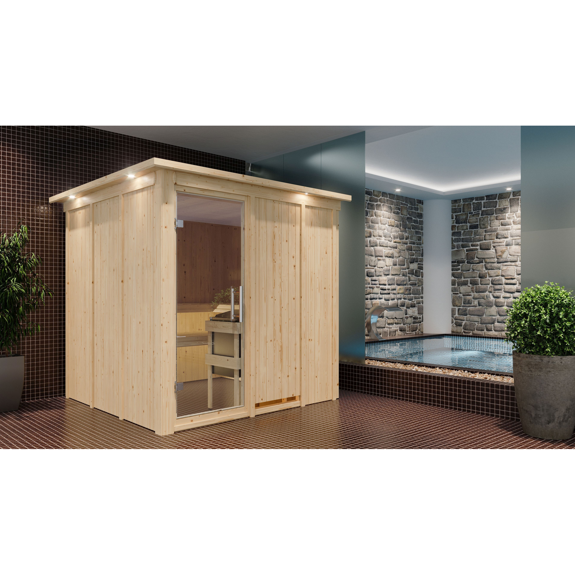 Elementsauna 'Alesia' naturbelassen mit Kranz und Klarglastür 9 kW Bio-Ofen externe Steuerung easy 210 x 210 x 202 cm