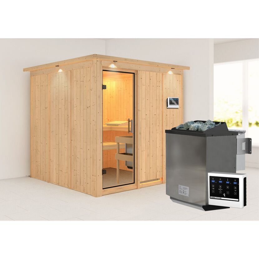 Elementsauna 'Alesia' naturbelassen mit Kranz und Klarglastür 9 kW Bio-Ofen externe Steuerung easy 210 x 210 x 202 cm