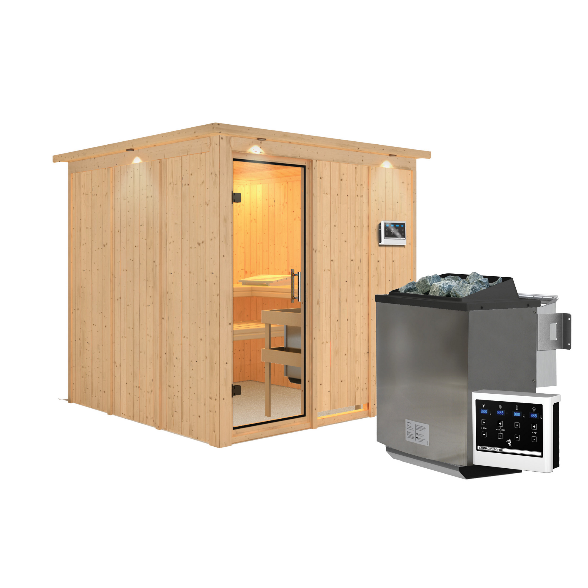 Elementsauna 'Alesia' naturbelassen mit Kranz und Klarglastür 9 kW Bio-Ofen externe Steuerung easy 210 x 210 x 202 cm