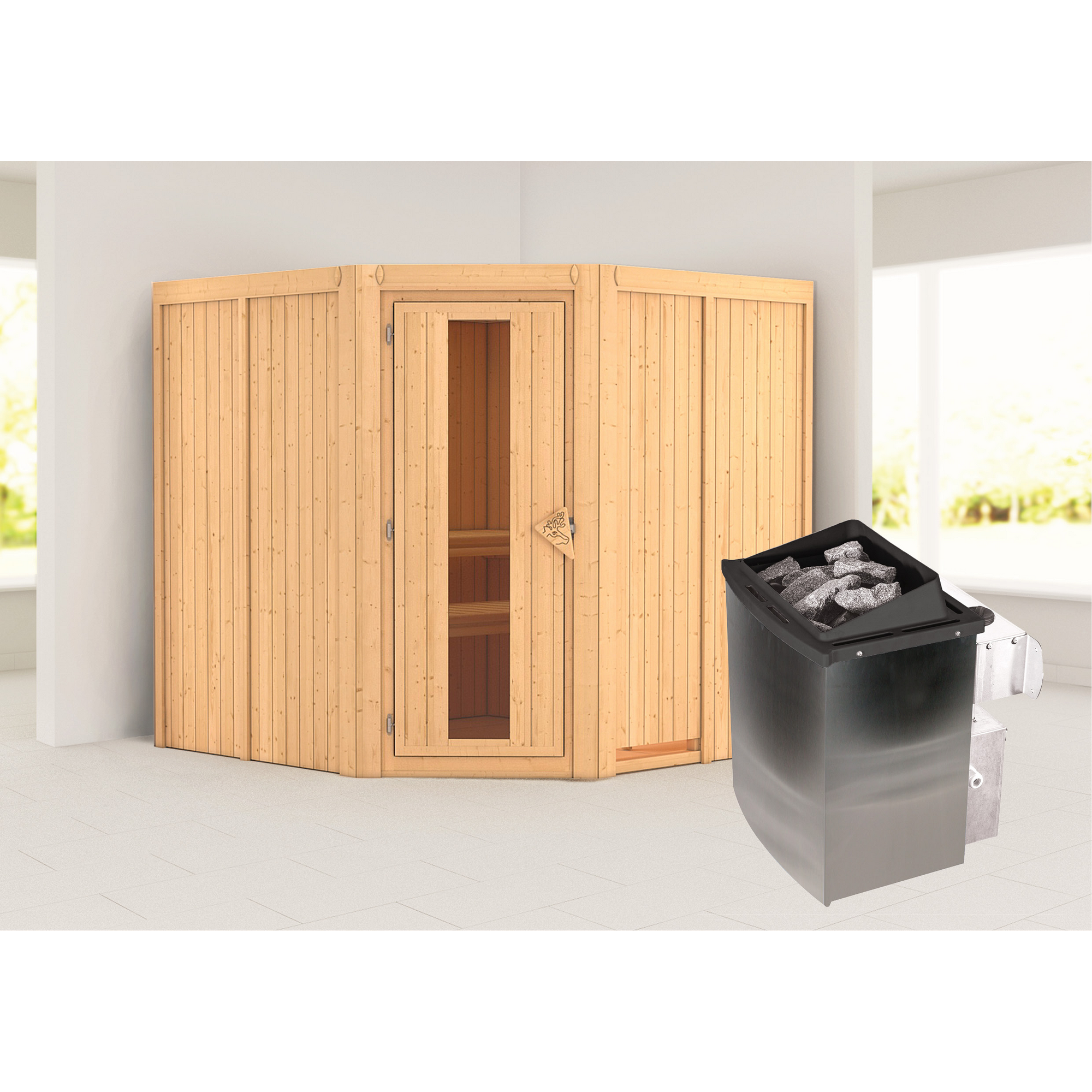 Ecksauna aus hellem Holz mit Saunaofen
