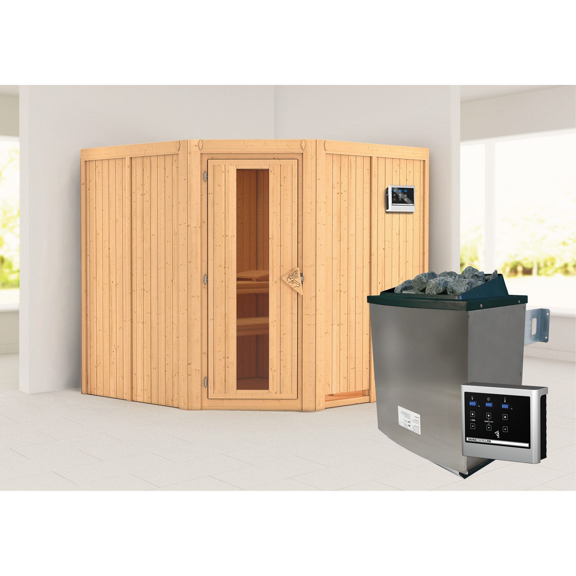 Ecksauna aus hellem Holz mit Saunaofen