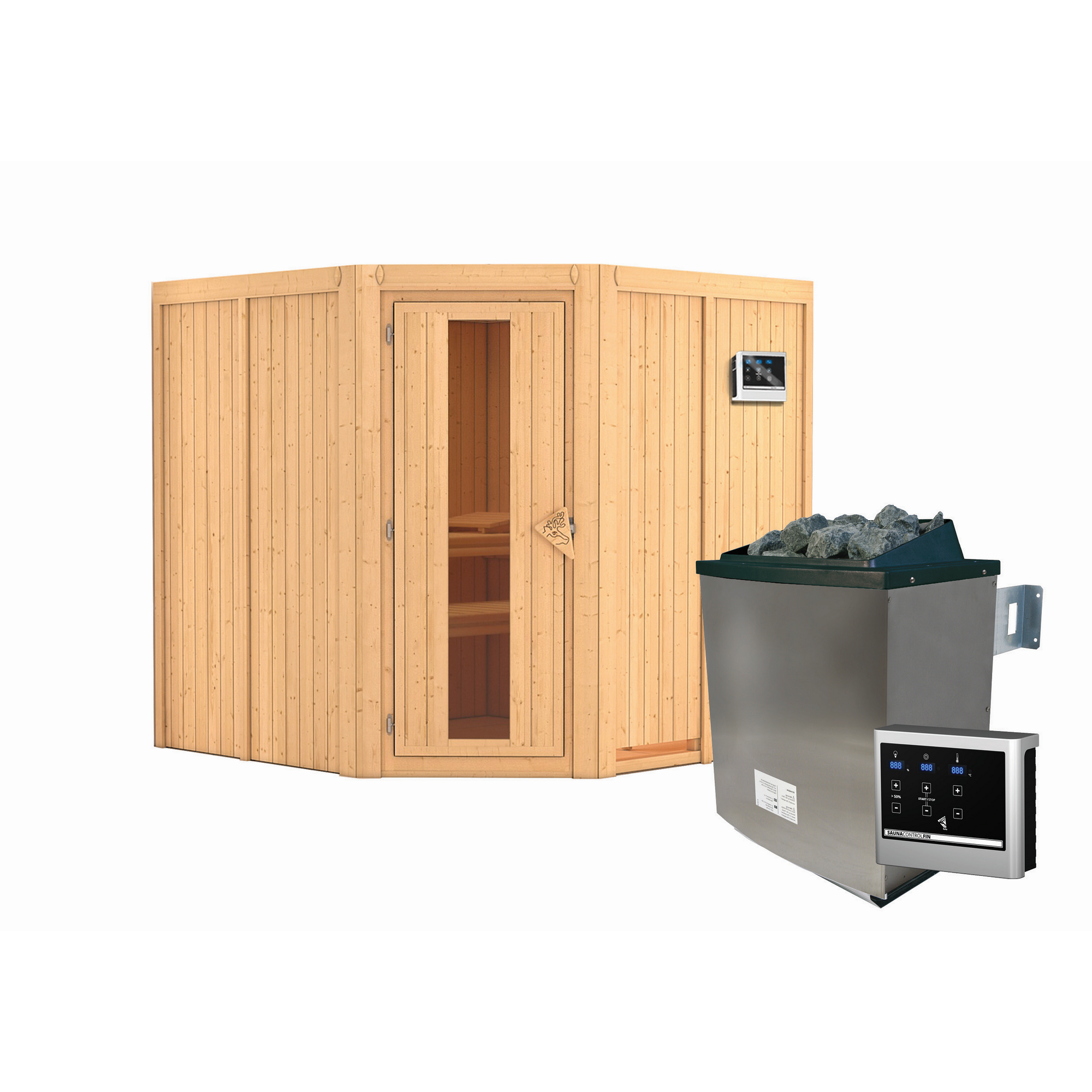 Ecksauna aus Holz mit Saunaofen