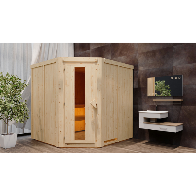Bild von Elementsauna 'Alicia' naturbelassen mit Energiespartür 9 kW Bio-Ofen externe Steuerung Easy 196 x 196 x 198 cm