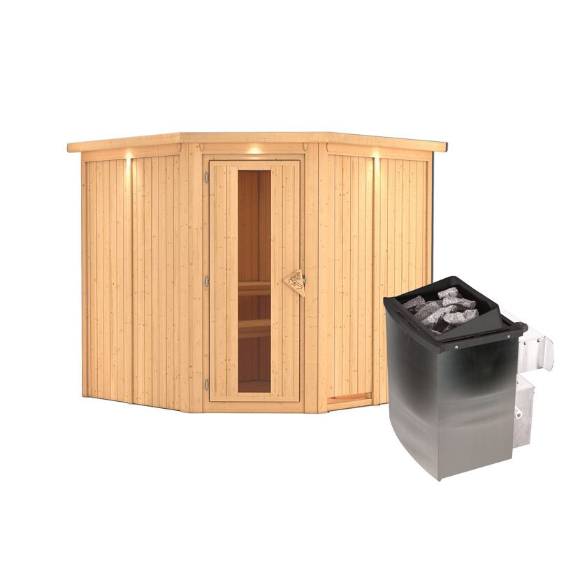 Elementsauna 'Alicia' naturbelassen mit Kranz und Energiespartür 9 kW Ofen integrierte Steuerung 210 x 210 x 202 cm
