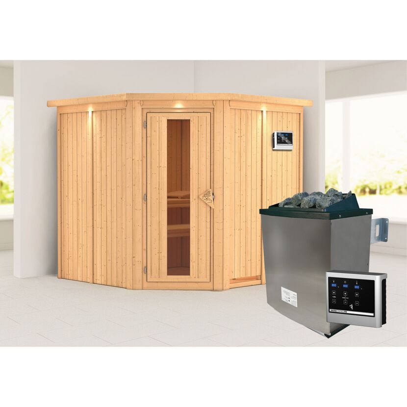 Ecksauna aus Holz mit Saunaofen