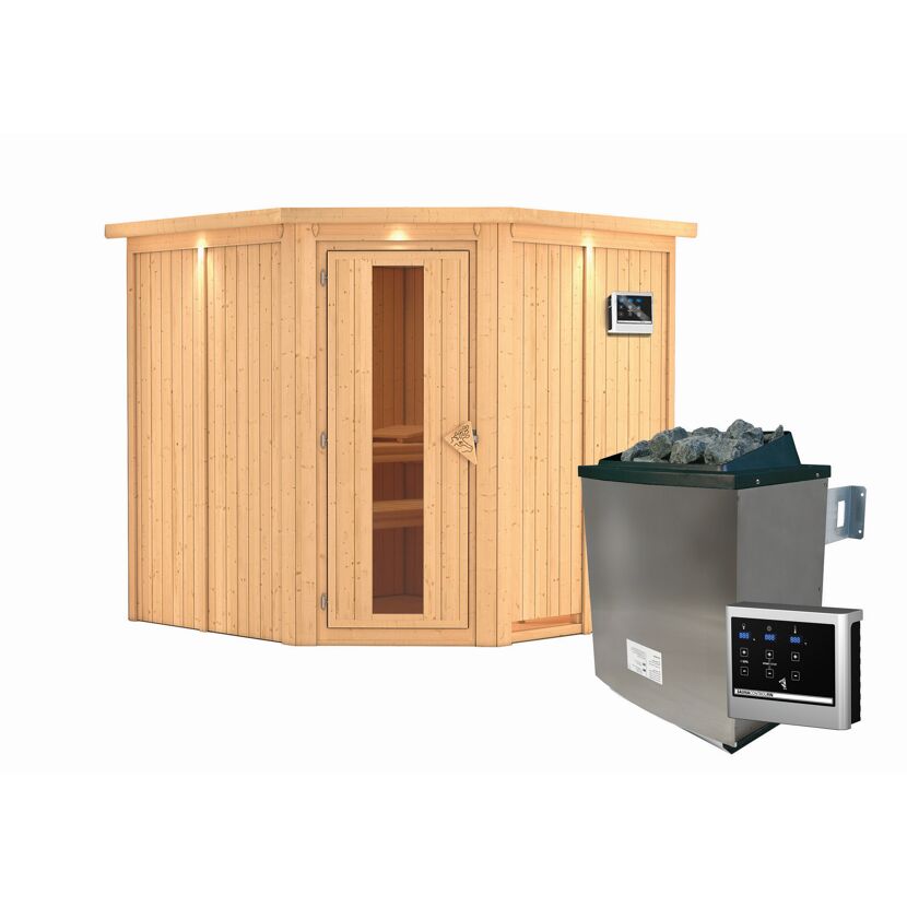 Eck-Sauna aus Holz mit Saunaofen und Steuerung