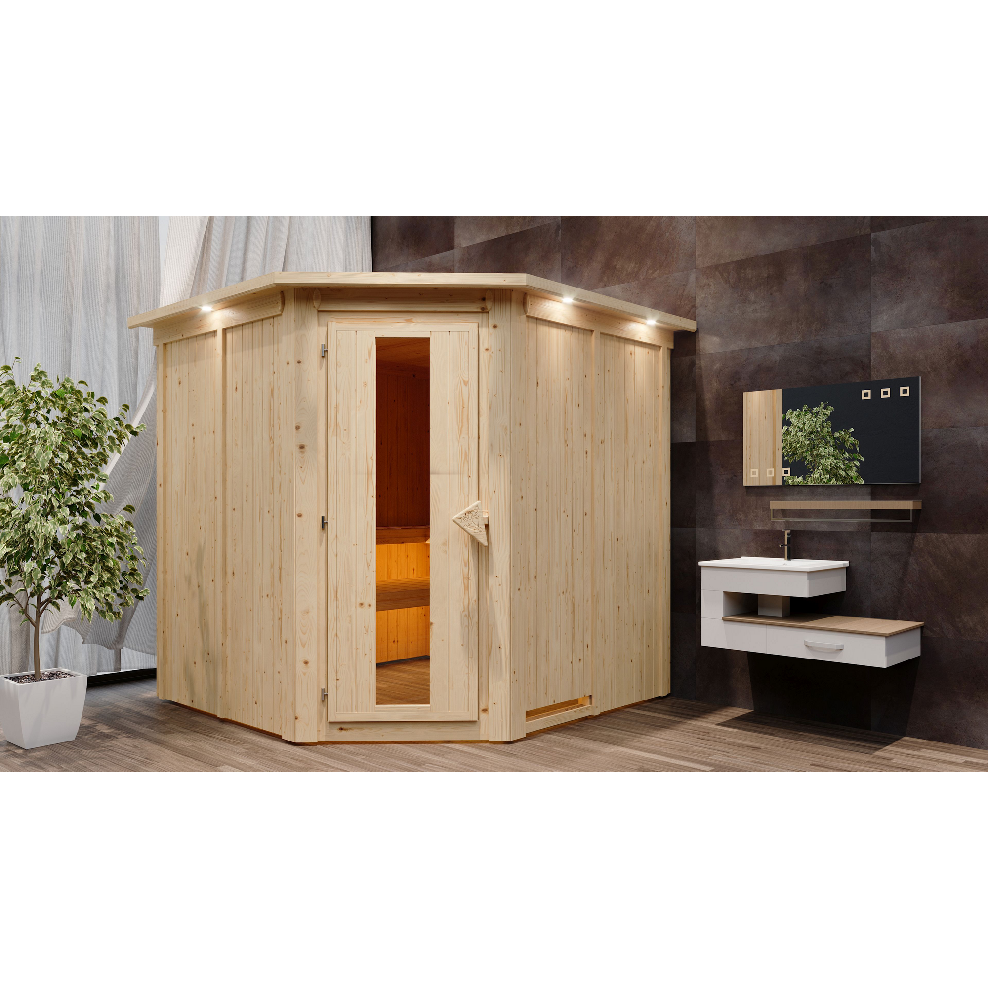 Elementsauna 'Alicia' naturbelassen mit Kranz und Energiespartür 9 kW Bio-Ofen externe Steuerung Easy 210 x 210 x 202 cm