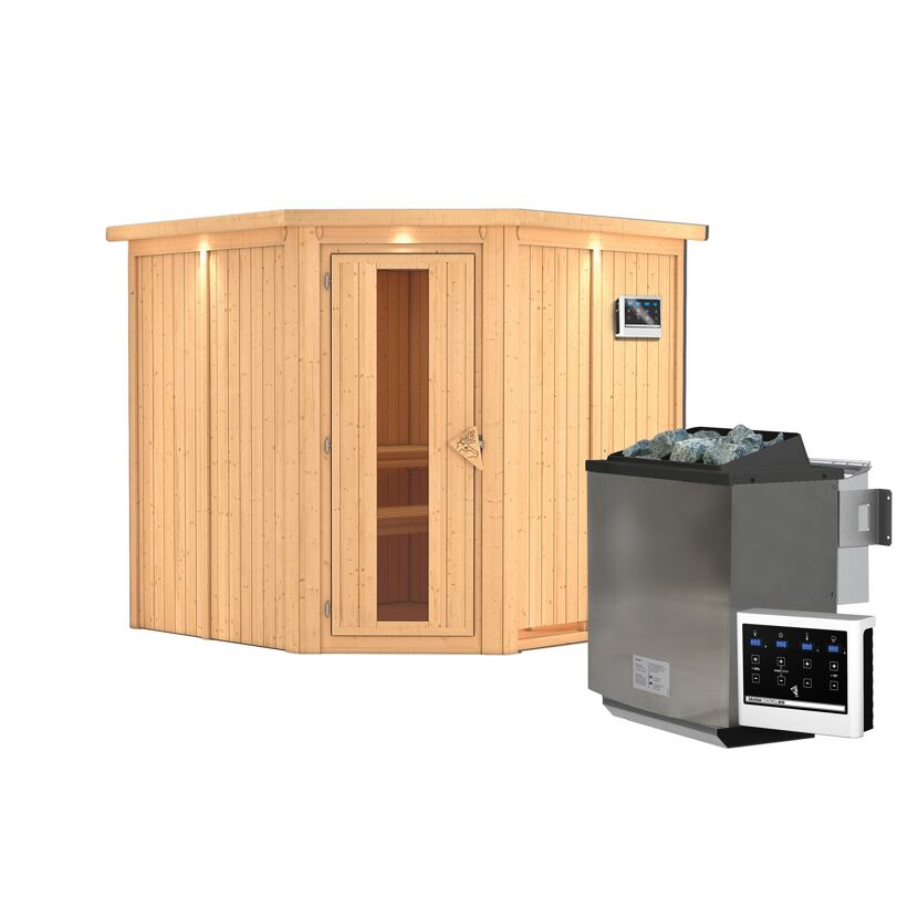 Außenliegende Sauna aus Holz mit Saunaofen