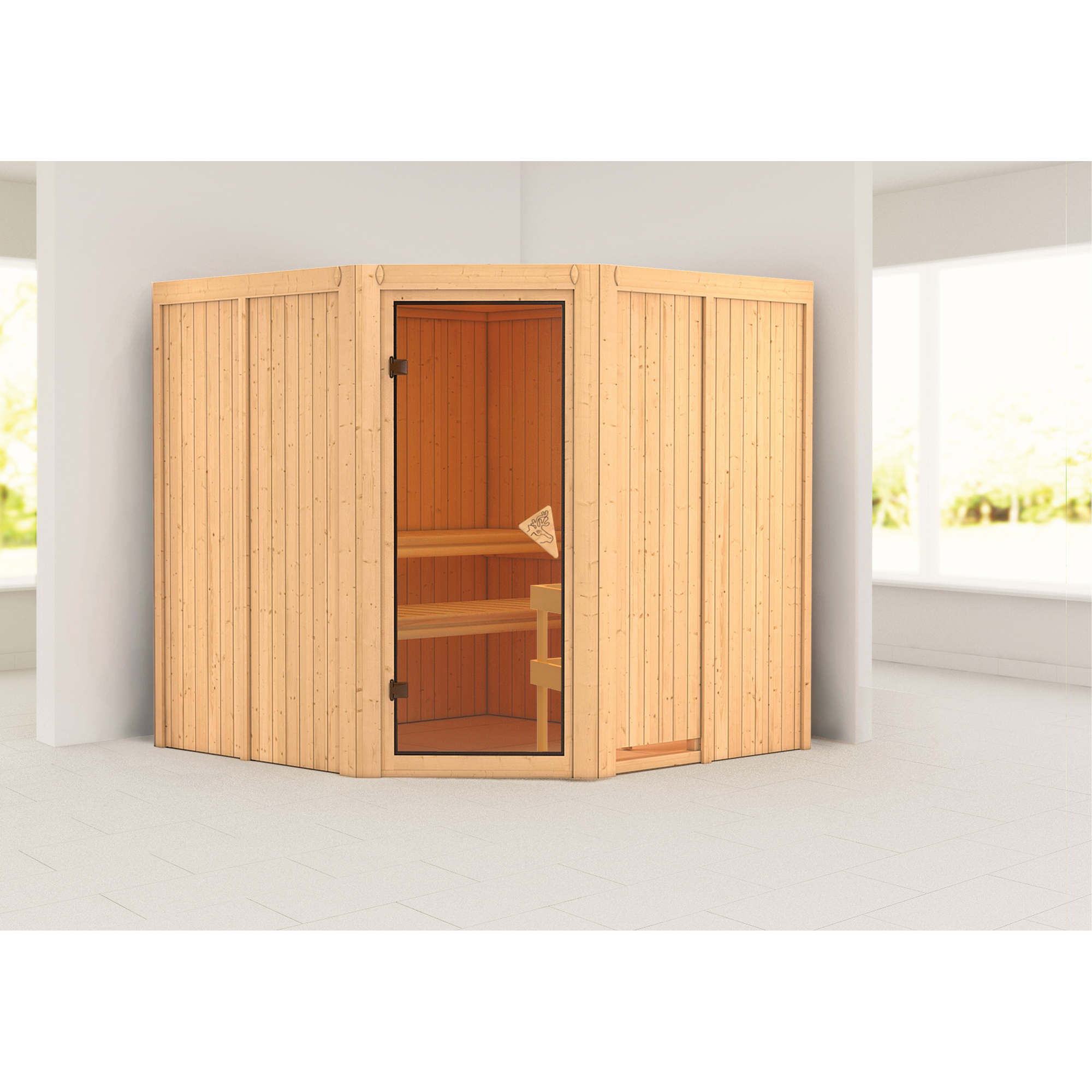 Eck-Sauna aus hellem Holz mit Glastür