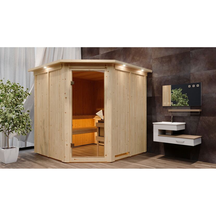 Ecksauna aus hellem Holz in einem Badezimmer