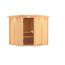 Eck-Sauna aus hellem Holz mit offener Glastür.