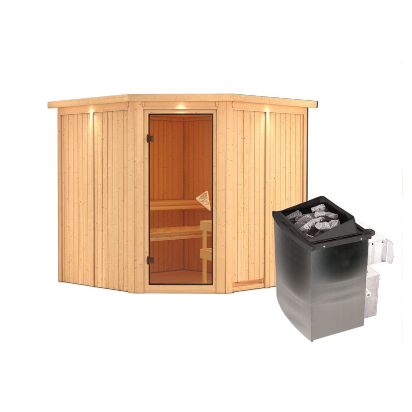 Eck-Sauna aus Holz mit Saunaofen