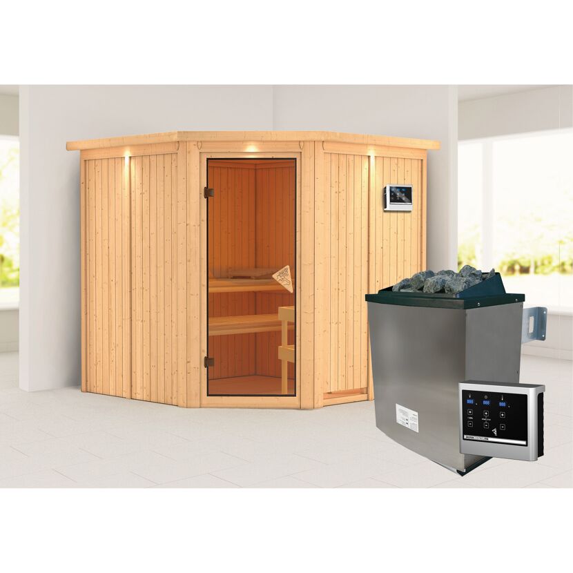 Eck-Sauna aus Holz mit Saunaofen