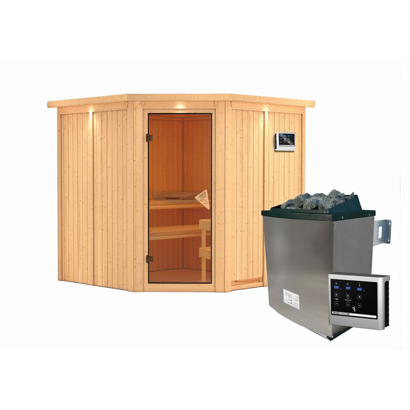 Ecksauna aus Holz mit Saunaofen