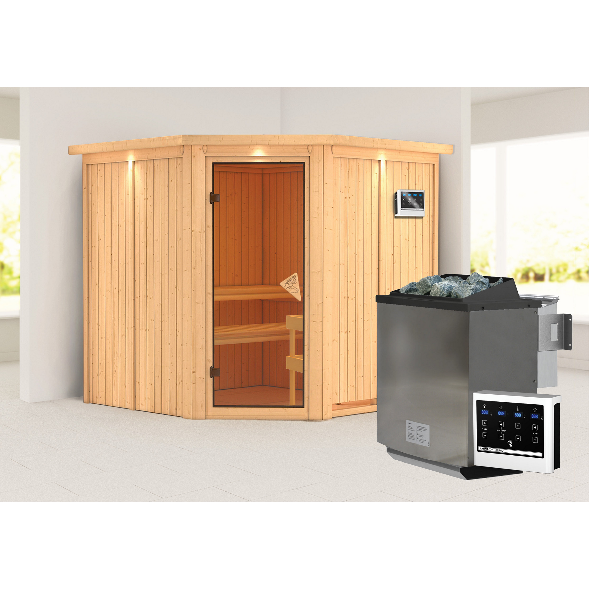Elementsauna 'Alicia' naturbelassen mit Kranz 9 kW Bio-Ofen externe Steuerung Easy 210 x 210 x 202 cm