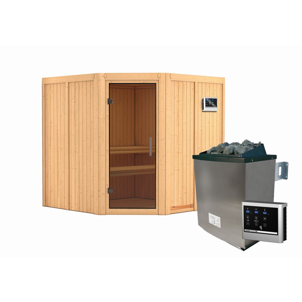 Elementsauna 'Alicia' naturbelassen mit graphitfarbener Tür 9 kW Ofen externe Steuerung Easy 196 x 196 x 198 cm