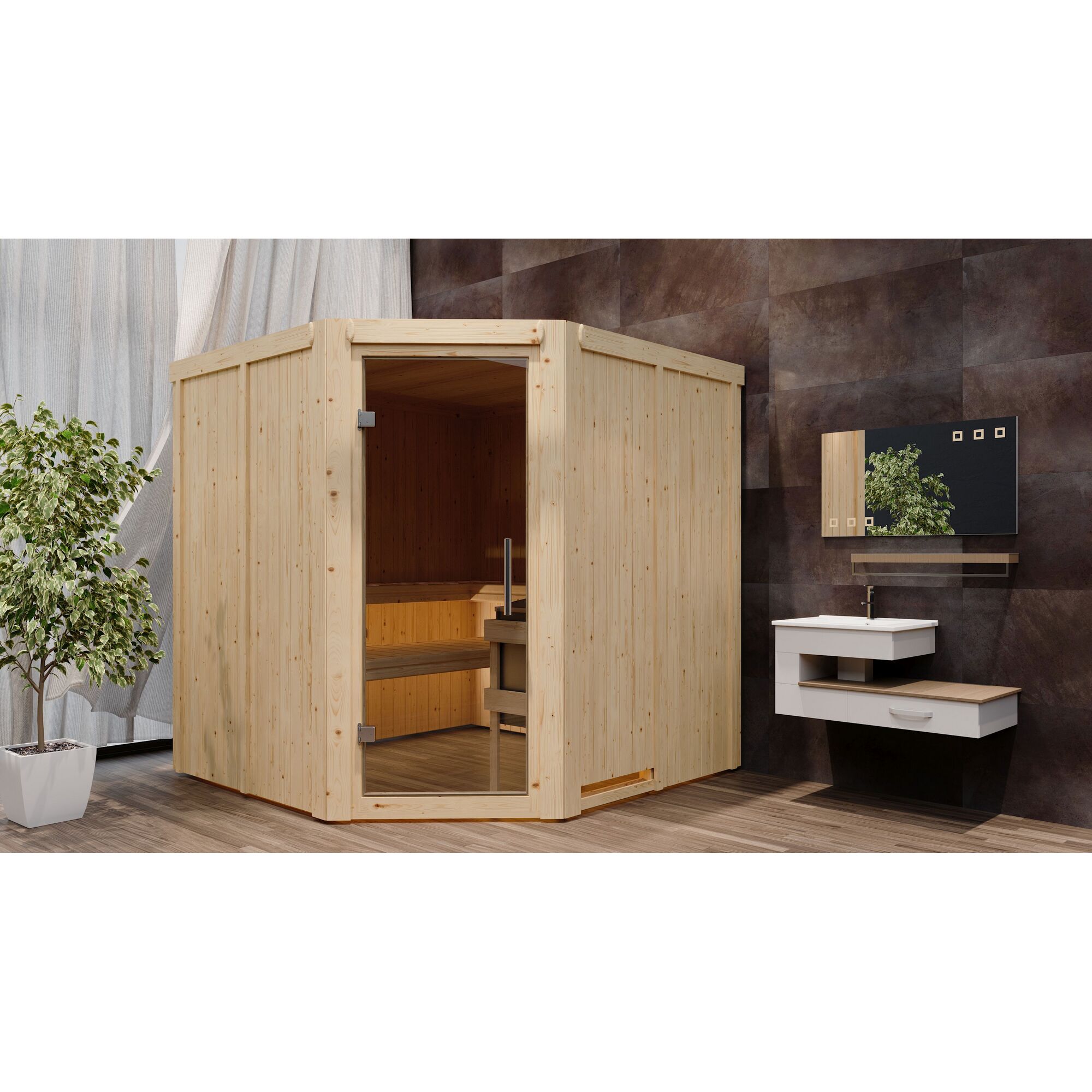 Eck-Sauna aus hellem Holz in einem Badezimmer