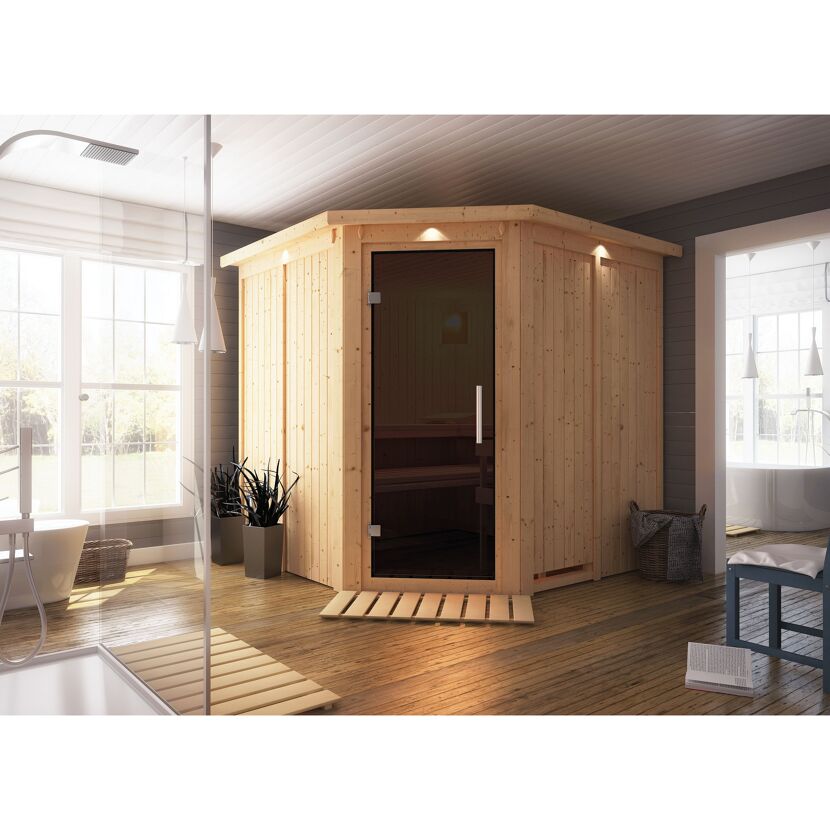 Eck-Sauna aus hellem Holz in einem Badezimmer