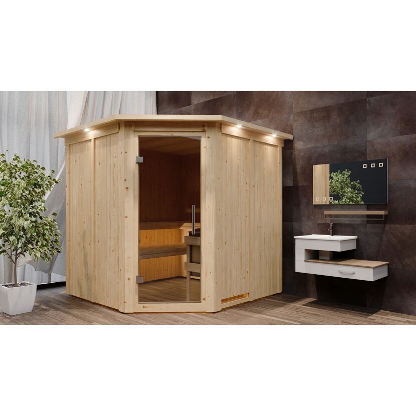 Eck-Sauna aus Holz in einem Badezimmer