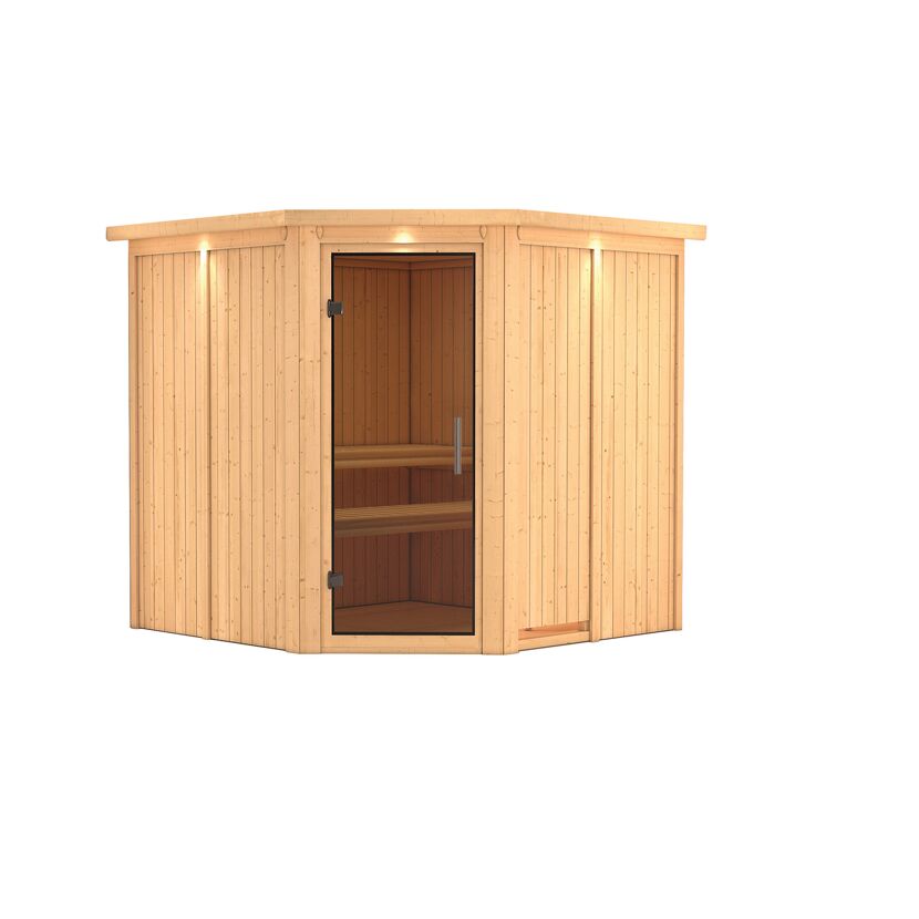 Fünfeckige Sauna aus hellem Holz mit Glastür