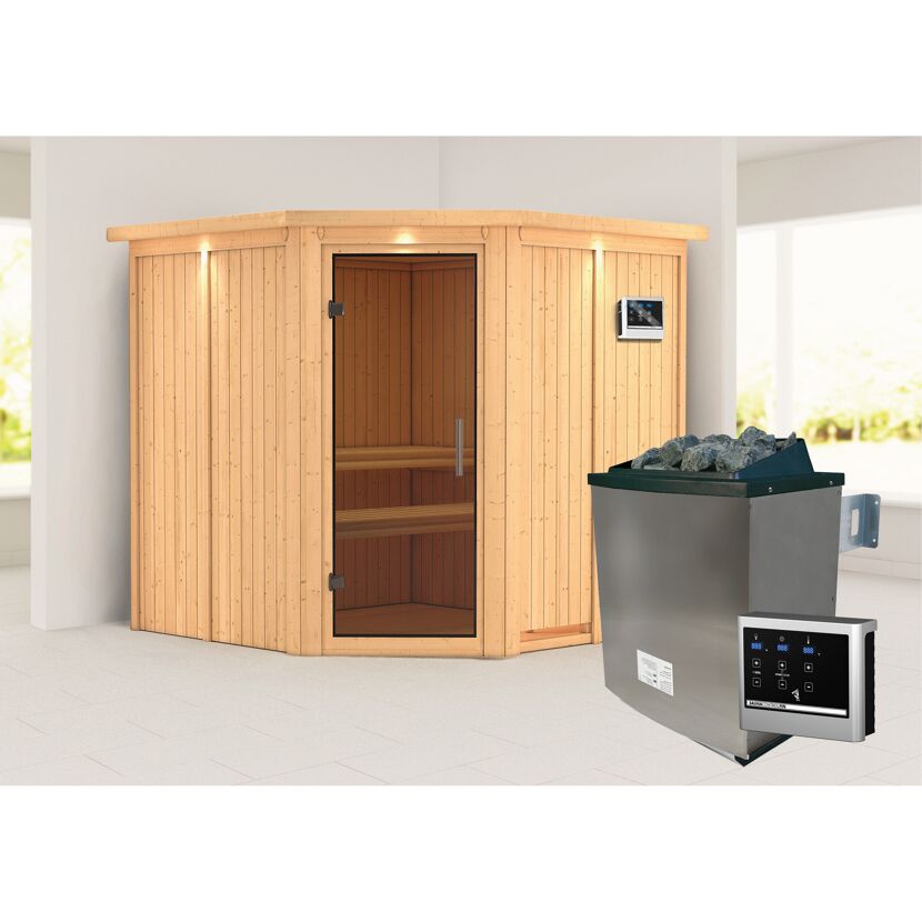 Elementsauna 'Alicia' naturbelassen mit Kranz und graphitfarbenerr Tür 9 kW Ofen externe Steuerung Easy 210 x 210 x 202 cm