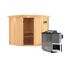 Elementsauna 'Alicia' naturbelassen mit Kranz und graphitfarbenerr Tür 9 kW Bio-Ofen externe Steuerung Easy 210 x 210 x 202 cm