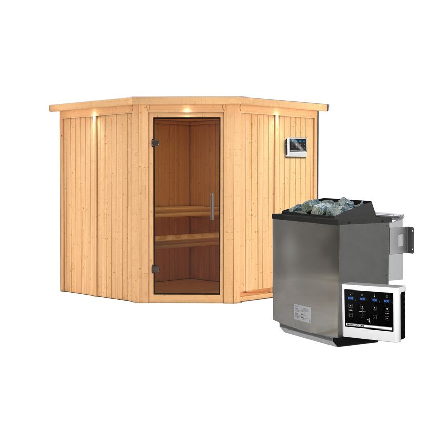 Elementsauna 'Alicia' naturbelassen mit Kranz und graphitfarbenerr Tür 9 kW Bio-Ofen externe Steuerung Easy 210 x 210 x 202 cm