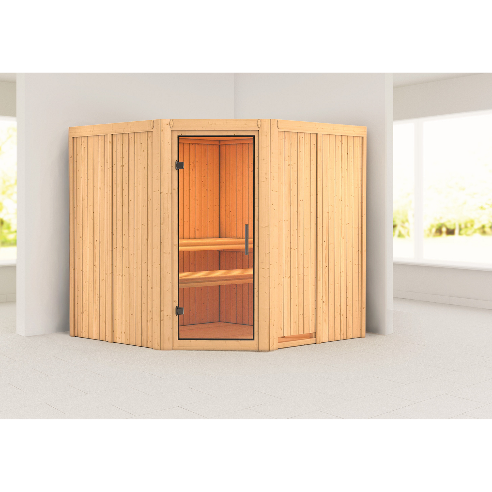 Ecksauna aus hellem Holz mit Glastür