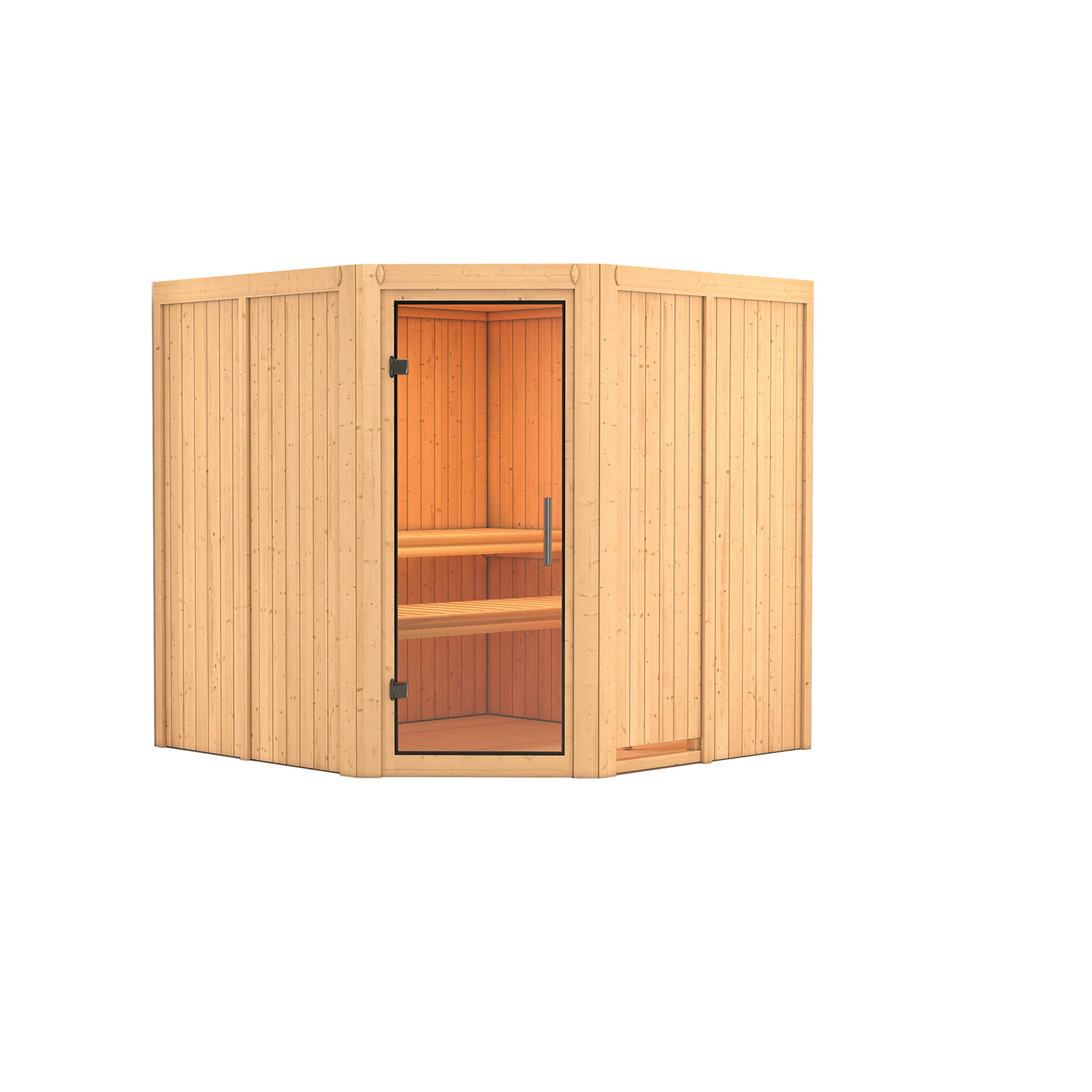 Eck-Sauna aus hellem Holz mit Glastür