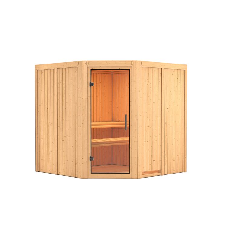 Eck-Sauna aus hellem Holz mit Glastür