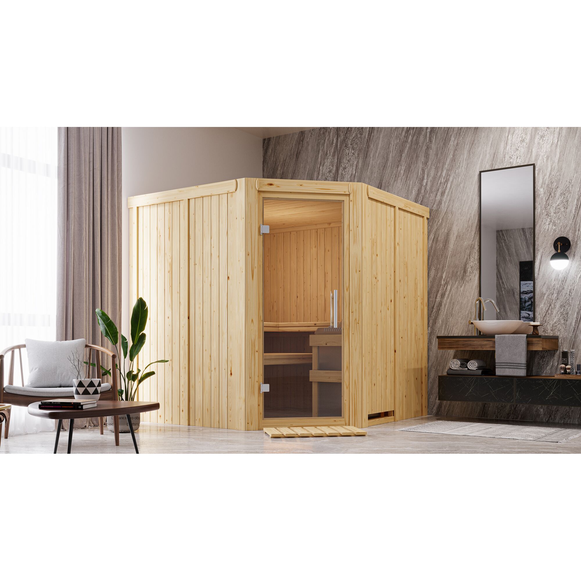 Eck-Sauna aus hellem Holz in einem Badezimmer.