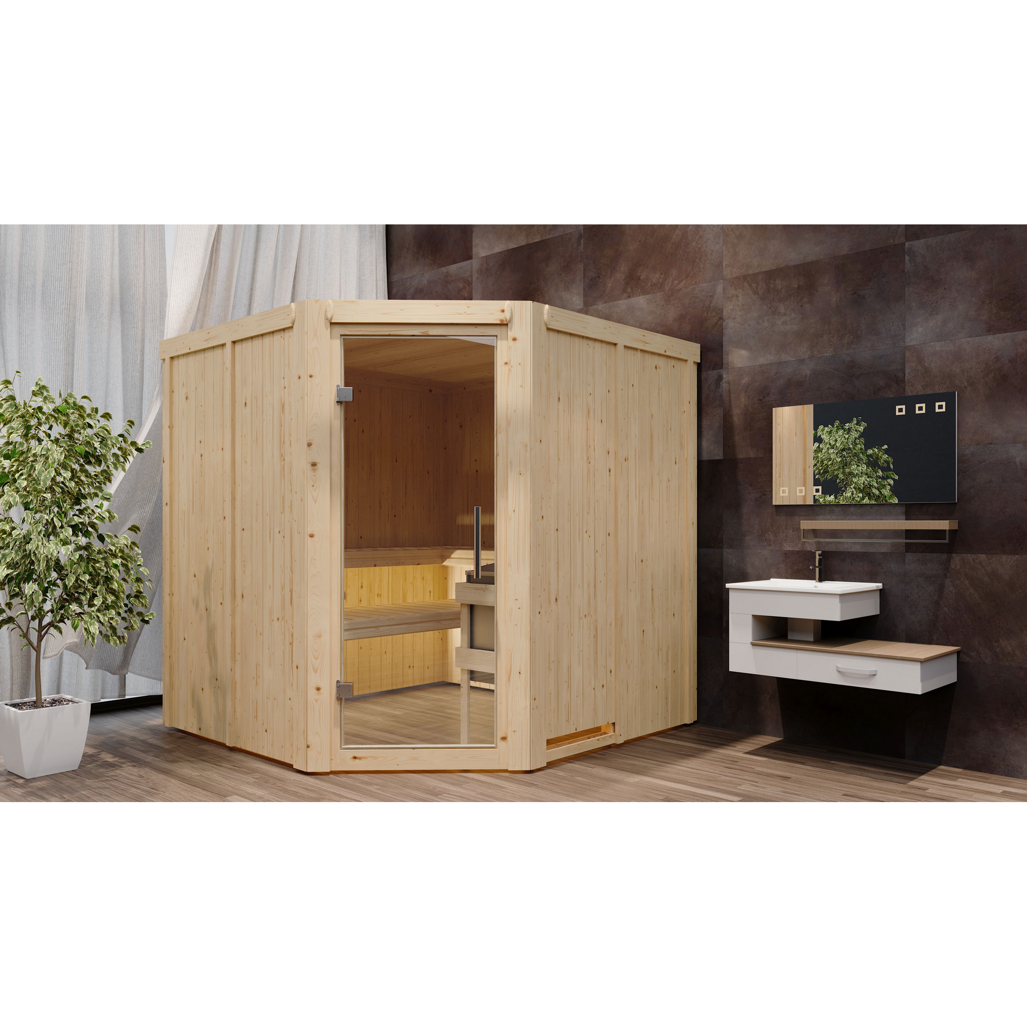 Elementsauna 'Alicia' naturbelassen mit Klarglastür 9 kW Ofen integrierte Steuerung 196 x 196 x 198 cm