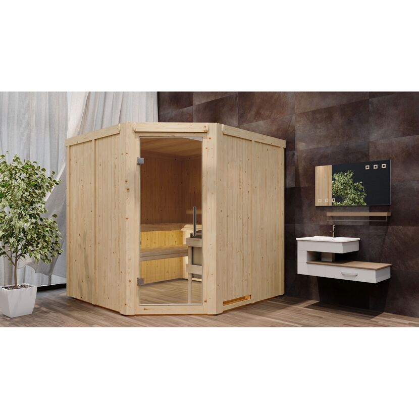Eck-Sauna aus hellem Holz mit Glastür