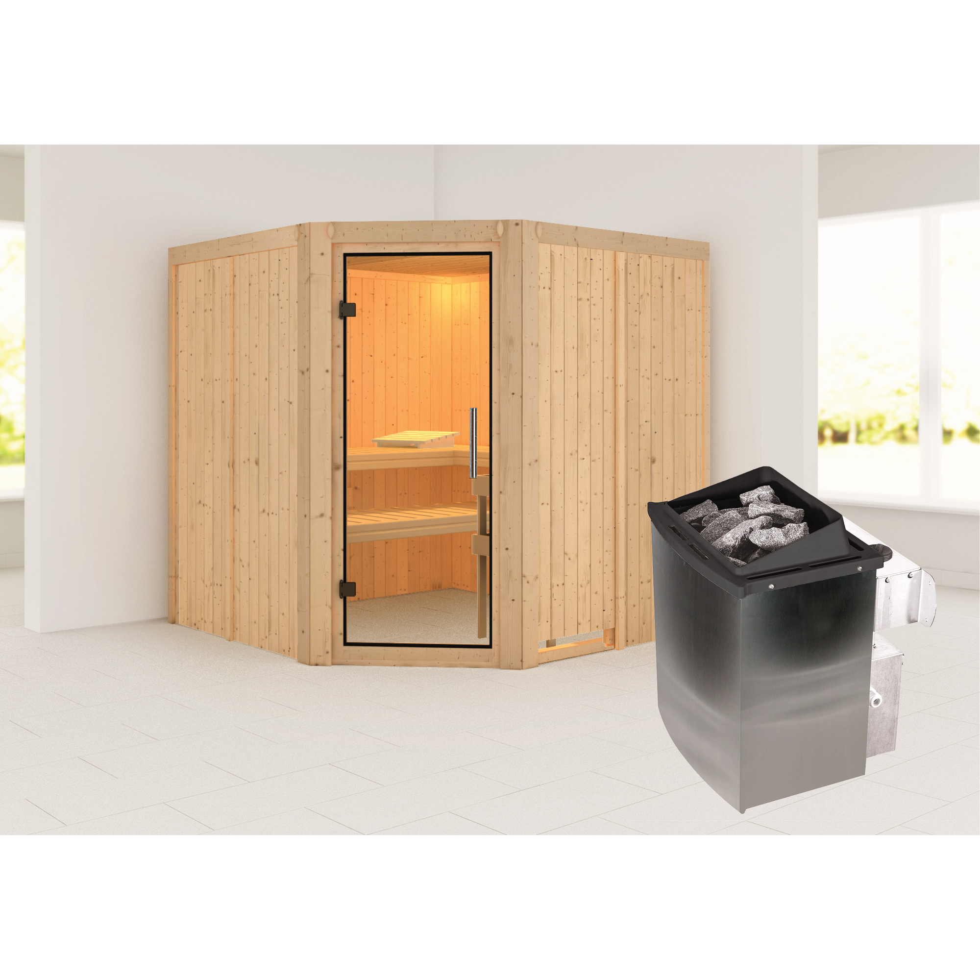 Elementsauna 'Alicia' naturbelassen mit Klarglastür 9 kW Ofen integrierte Steuerung 196 x 196 x 198 cm