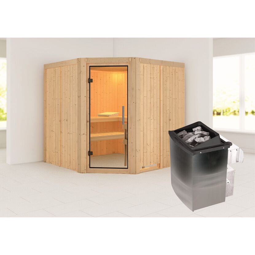 Eck-Sauna aus Holz mit Saunaofen